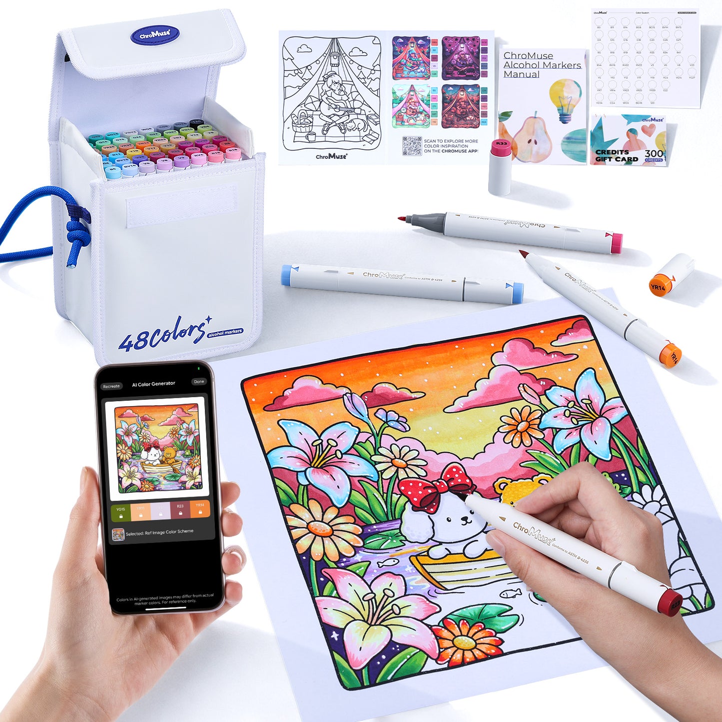 Alcohol Markers Set + Companion App, Dual Tip Art Markers Plus for Artists, Designers & Crafters - ChroMuse