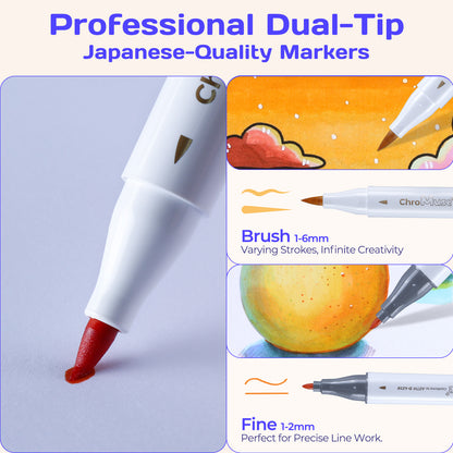 Alcohol Markers Set + Companion App, Dual Tip Art Markers Plus for Artists, Designers & Crafters - ChroMuse